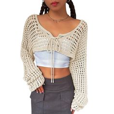 Elevate your outfit with our Women¡¯s Crochet Bolero Tie Front Sweater, a stylish and versatile extra cropped layer that adds a touch of charm to any ensemble. Perfect for layering over dresses, tops, or tanks, this cardigan is designed to enhance your wardrobe while keeping you cozy and chic. Crafted from 100% acrylic, this bolero offers a soft and lightweight feel, ensuring comfort without compromising style. The crochet knit design adds a unique texture, making it a standout piece that's perf Tie Front Bolero, Tie Front Sweater, Knit Shrug, Crochet Bolero, Cardigan Sweaters, Cropped Cardigan Sweater, Crochet Fashion Patterns, Womens Crewneck, Shrug Sweater