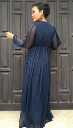 Navy blue  dress chiffon long sleeve v neck long maxi dress all size Elegant Navy Long Sleeve Maxi Dress, Festive Blue V-neck Maxi Dress, Vintage Blue Long Sleeve Maxi Dress, Blue 3/4 Sleeve Maxi Dress For Party, Luxury Blue Long Sleeve Maxi Dress, Navy Blue Dress, Dress Chiffon, Chiffon Long Sleeve, Navy Blue Dresses