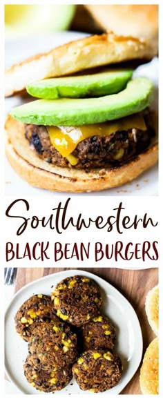 black bean burgers with cheese and pickles on the side are shown in this collage