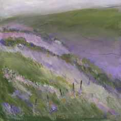 an oil painting of purple and green flowers on the side of a hill with hills in the background