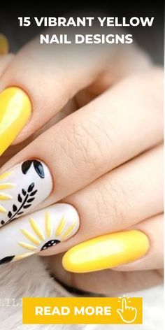 yellow and white nail designs with flowers on them