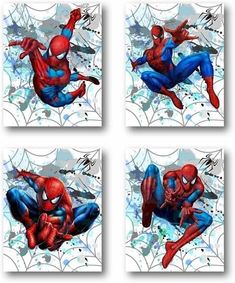 four different pictures of spider man on white paper