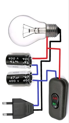 an electric light bulb connected to two different types of electrical wires and plugs on a white background