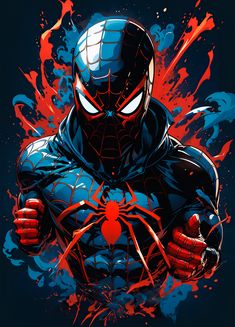 a spider - man with red and blue paint splatters on his chest, in front of a black background