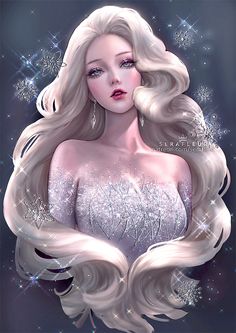 a drawing of a woman with long blonde hair and snowflakes on her head