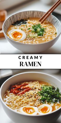 two bowls filled with ramen and an egg on top