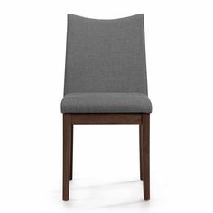 a gray upholstered dining chair with wooden legs and backrests, viewed from the front