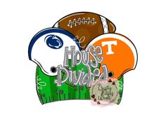 some footballs and helmets with the words house divided on them in different colors, including orange, blue, and green