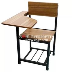 a wooden desk and chair sitting next to each other