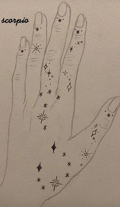 a drawing of a hand with stars on it and the words scorpion written in black ink