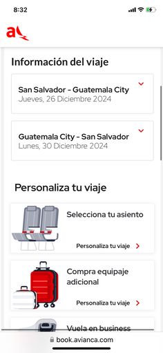 the spanish language is displayed in this screenshote, and it shows different types of luggage