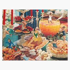 a jigsaw puzzle with people and food on the table in front of them