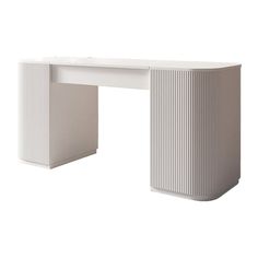 a white desk sitting on top of a white floor