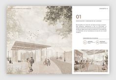 the front and back pages of an architectural brochure, with people walking around