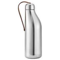 a stainless steel water bottle with a brown leather strap around the neck and an open lid