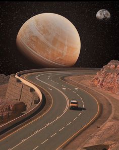 a car driving down a road in front of an orange planet