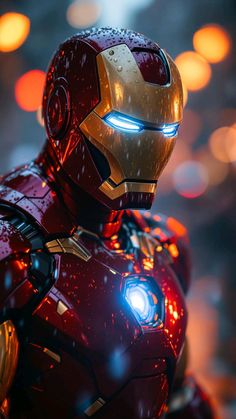 the iron man is standing in front of some lights