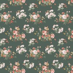 a green floral wallpaper with pink, white and red flowers on the bottom half of it