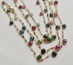 Tourmaline Faceted Rondelle 2mm & Heart 5mm Wire Wrapped Beaded Rosary Chain 925 Silver Gold Polish Multi Tourmaline Rosary Chain - PSG353