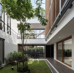 an empty courtyard with grass and trees in the foreground