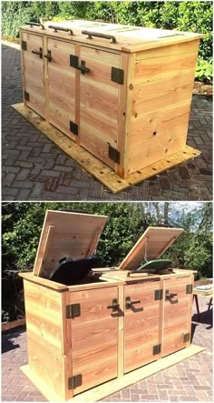 an outdoor storage box made out of pallets and wooden planks is shown in two different views