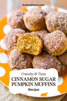 cinnamon sugar pumpkin muffins on a plate with a recipe tag in the middle