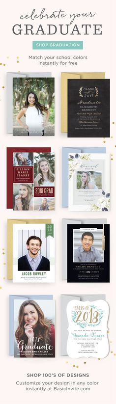 the graduation announcement card is shown with photos and text, which are all in different colors