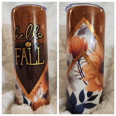 two matching tumbles with the words hello fall painted on one side and floral design on the other