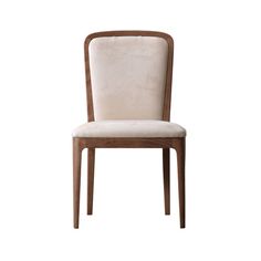 a wooden chair with a beige upholstered seat and backrest, against a white background