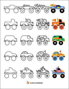 the printable monster truck worksheet for kids to learn how to draw and color