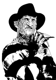 a black and white drawing of a man with a hat