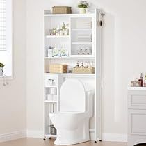 a white toilet sitting inside of a bathroom next to a shelf filled with bottles and other items