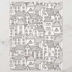 a black and white drawing of houses in the middle of a tile pattern on a wall