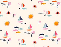 an image of a pattern with boats, fish and sun on it's side