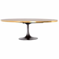 an oval wooden table with gold trim on the top and black metal base, against a white background