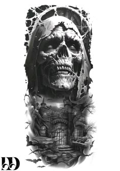 a black and white drawing of a skull with a castle on it's side