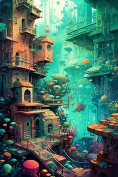 an underwater city with many different types of buildings