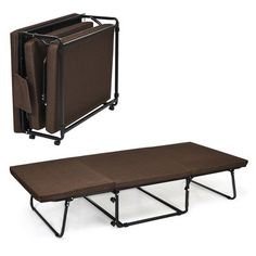 two folding chairs and a bed with wheels on the bottom one has a brown cover