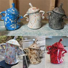 four different types of ceramic teapots on display