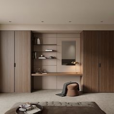 a bedroom with a bed, desk and shelves