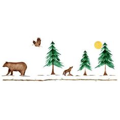 a bear and two cubs are walking in the snow near trees with birds flying overhead