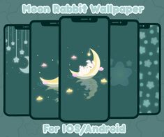 the moon rabbit wallpaper for iphone is shown in five different colors and sizes, including green