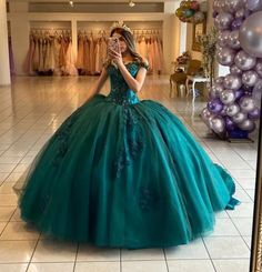 Teal Blue Princess Quinceanera Dresses Ball Gown Off The Shoulder Tulle Appliques Sweet 16 Dresses 15 Años Mexican Formal Birthday Party, Dresses Off Shoulder, Green Luxury, Flora Dress, Manufacturing Factory, Dresses Ball Gown, Wedding Dresses With Flowers, Satin Tulle, Wedding Flower Girl Dresses