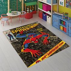 a child's room with toys and bookshelves, including a spiderman rug