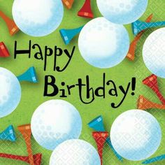 a happy birthday card with golf balls and streamers