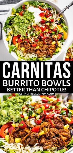 two bowls filled with shredded beef, lettuce and tomato salad next to the words carnitass burrito bowls