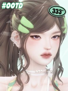 an animated image of a woman with long hair and piercings on her ears, wearing green