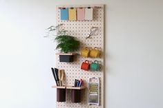 a wall mounted pegboard with office supplies on it and a potted plant in the corner