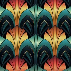 an abstract art deco design in shades of blue, orange and yellow