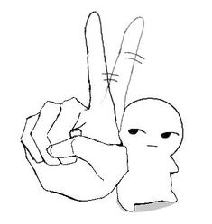 a hand making the peace sign with an alien holding up it's fingers in front of